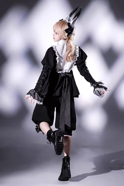 Black/White [Rabbit Hole] Long Sleeves Bow Gothic Prince Ouji Lolita Set