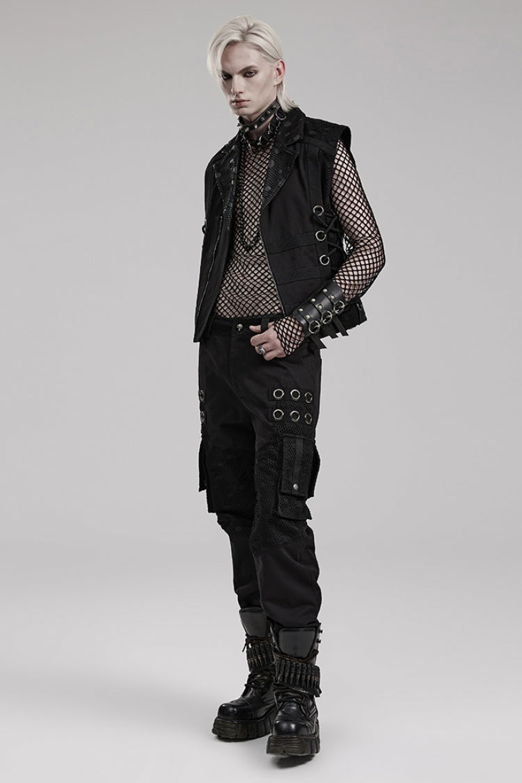 Black Stitching Mesh Metal Ring Decoration Men's Steampunk Pants