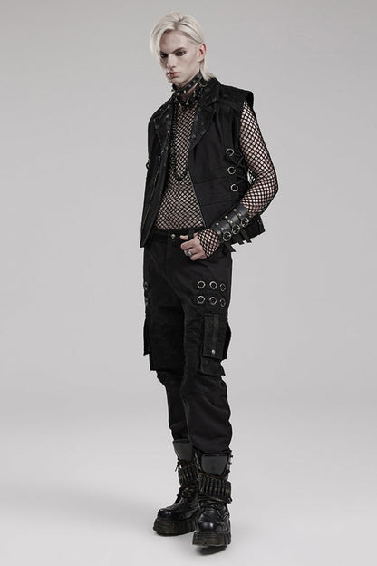 Black Stitching Mesh Metal Ring Decoration Men's Steampunk Pants