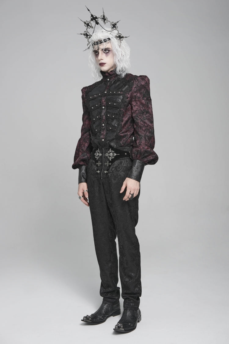 Black/Red Stand Collar Long Lantern Sleeves Floral Print Embroidery Men's Gothic Blouse