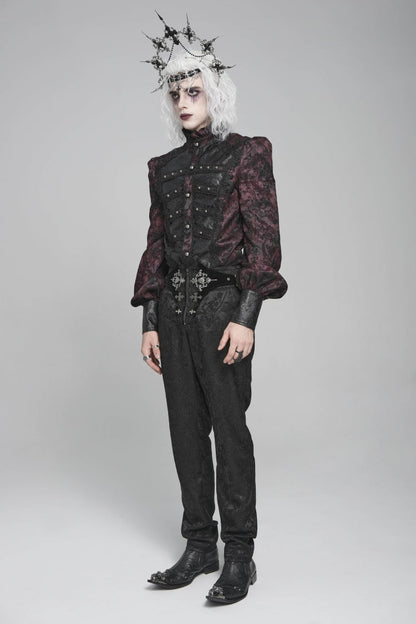 Black/Red Stand Collar Long Lantern Sleeves Floral Print Embroidery Men's Gothic Blouse