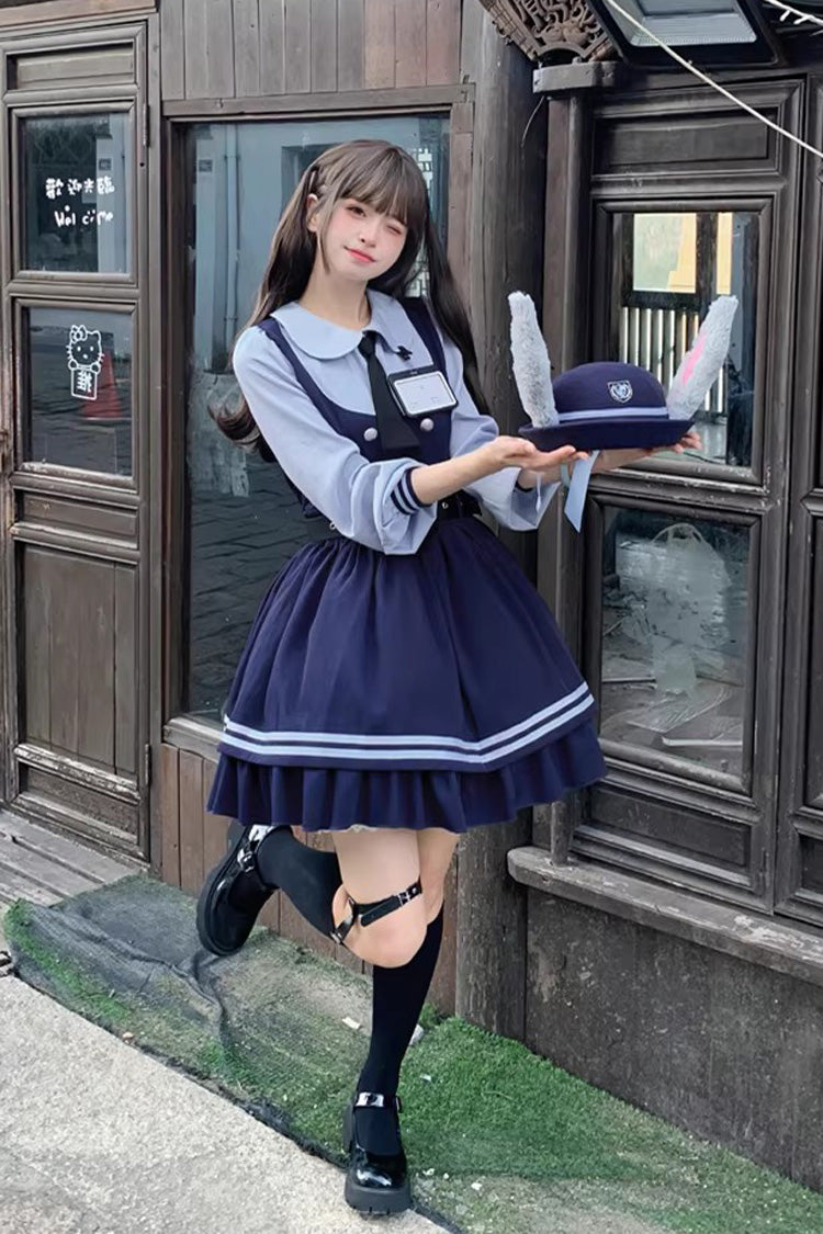 Blue [Rabbit Officer] Long Sleeves Printed Ruffled Faux Two-Piece College Style Sweet Lolita Dress