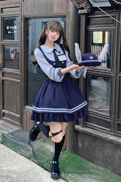 Blue [Rabbit Officer] Long Sleeves Printed Ruffled Faux Two-Piece College Style Sweet Lolita Dress