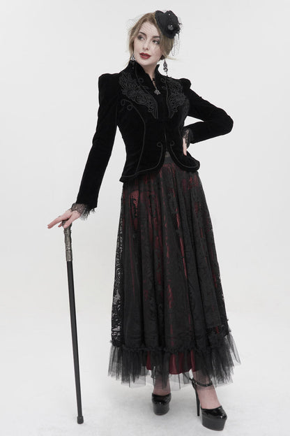 Black Stand Collar Velvet Appliqu On Chest Pendant Zipper Autumn And Winter Short Long Sleeve Women's Gothic Jacket