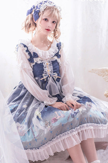 Blue Lace Chiffon Little Prince Printed Sweet Lolita Jsk Dress