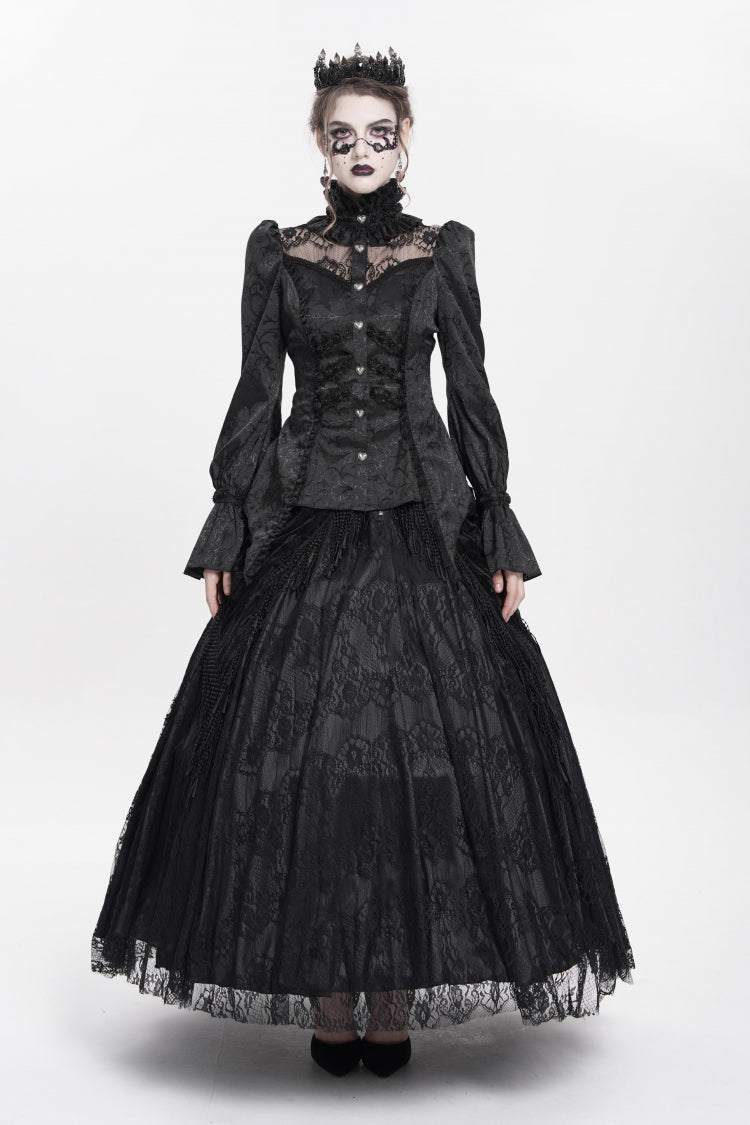 Black Stand Collar Long Sleeves Jacquard Hollow Lace Women's Gothic Blouse