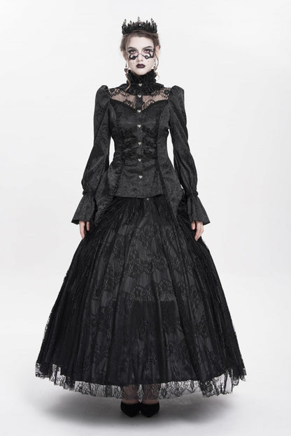 Black Stand Collar Long Sleeves Jacquard Hollow Lace Women's Gothic Blouse