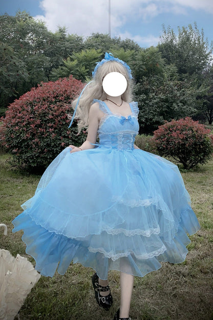 Blue [Moonlight Sonata] Ruffle Cardigan Bowknot Lace Sweet Vintage Lolita Jsk Dress