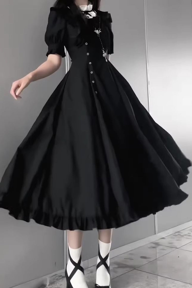 Black [Day & Night] Stand Collar Short Sleeves Ruffled Gothic Elegant Lolita Dress
