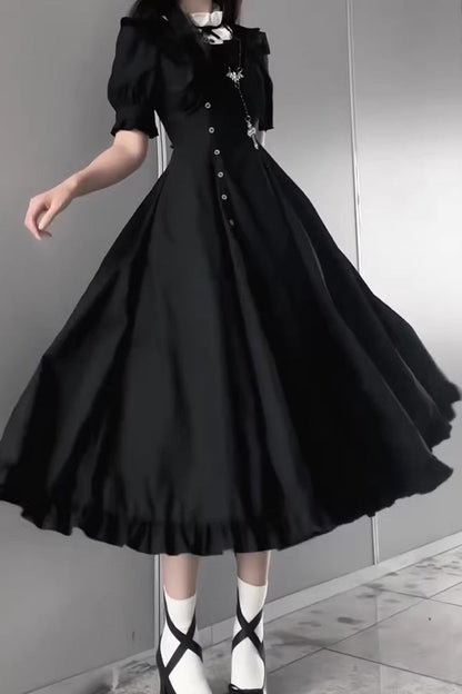 Black [Day & Night] Stand Collar Short Sleeves Ruffled Gothic Elegant Lolita Dress