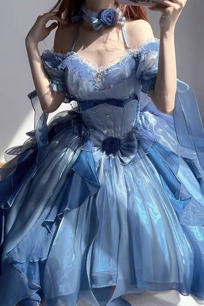 Blue Short Sleeves Hanayome Bowknot Sweet Elegant Princess Lolita Dress