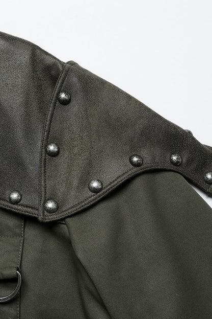 Green Stand Collar Long Sleeves Stitching Faux Leather Women's Gothic Military Jacket