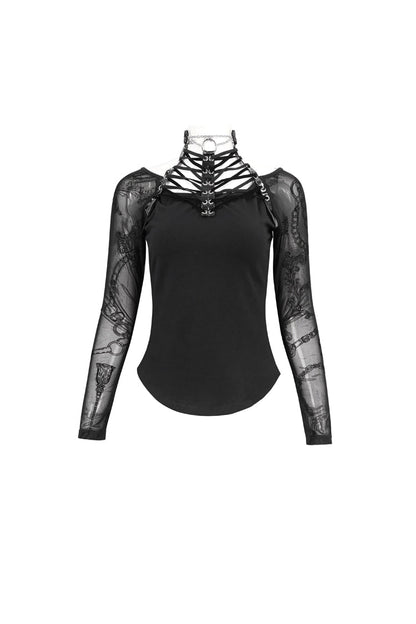 Black Stretch Knit Stitching Flocking Printed Neck Collar Tie Rope Off-Shoulder Women's Punk T-Shirt