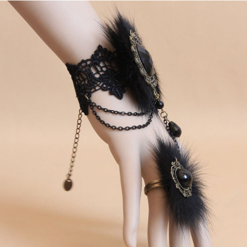 Black Retro Fashion Lace Fox Hair Female Gothic Lolita Ring Bracelet