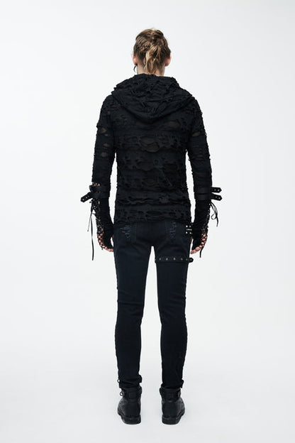 Black Ripped Finger Covered Autumn Hooded Mens Punk T-Shirt