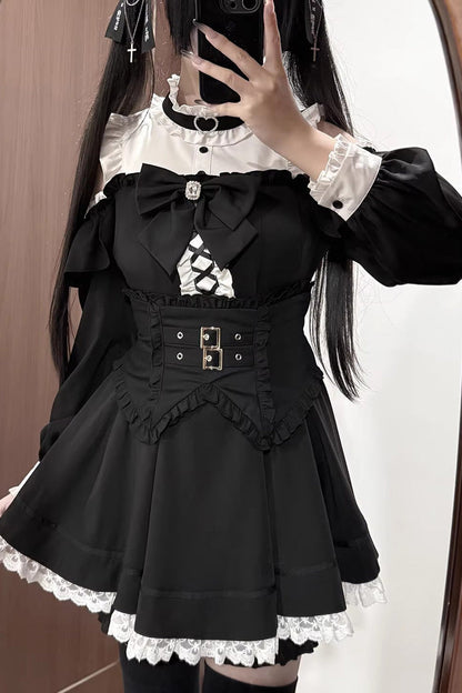 Black/White Off Shoulder Long Sleeves Ruffled Jirai Kei Japanese Dress Set