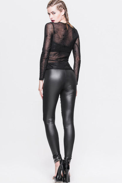 Black Spiderweb Jacquard Classic Style Round Collar Long Sleeves Mesh Women Gothic T-Shirt