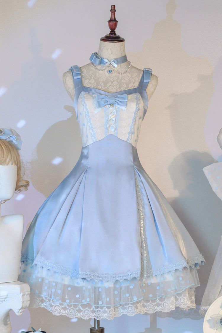 Blue [Polka Waltz] Sleeveless Print Bowknot Stitching Lace Sweet Lolita Jsk Dress