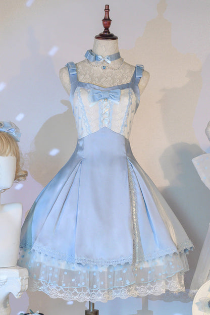 Blue [Polka Waltz] Sleeveless Print Bowknot Stitching Lace Sweet Lolita Jsk Dress