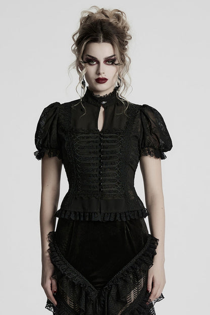 Black Stand Collar Long Puff Sleeves Jacquard Lace Women's Gothic Blouse