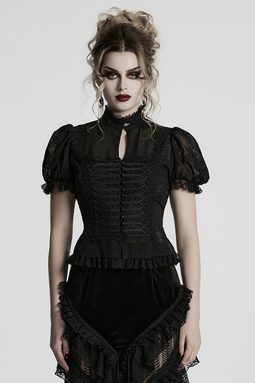 Black Stand Collar Long Puff Sleeves Jacquard Lace Women's Gothic Blouse