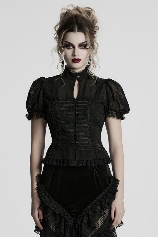 Black Stand Collar Long Puff Sleeves Jacquard Lace Women's Gothic Blouse