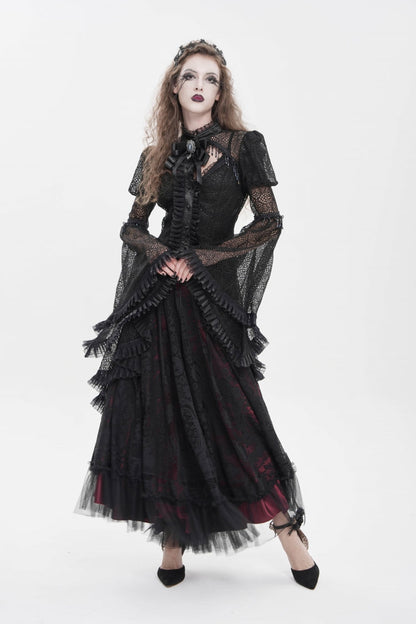 Black Stand Collar Long Trumpet Sleeves Cut-Out Women's Gothic Gorgeous Blouse