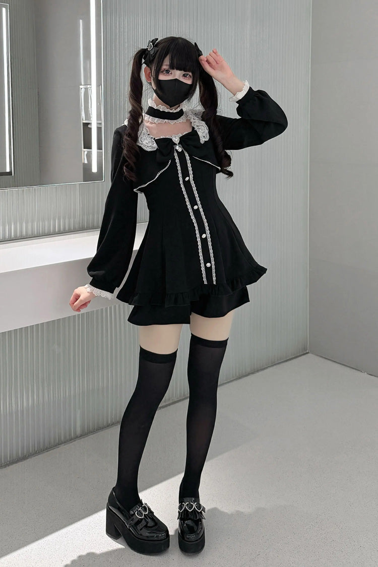 Black [Twilight Prelude] Long Sleeves Ruffled Bow Lace Jirai Kei Japanese Dress and Shorts Set