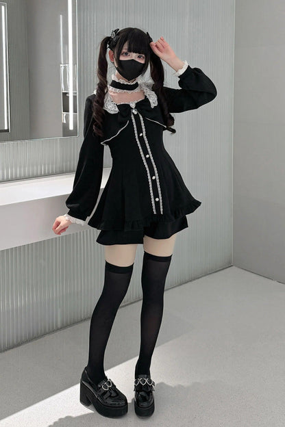 Black [Twilight Prelude] Long Sleeves Ruffled Bow Lace Jirai Kei Japanese Dress and Shorts Set
