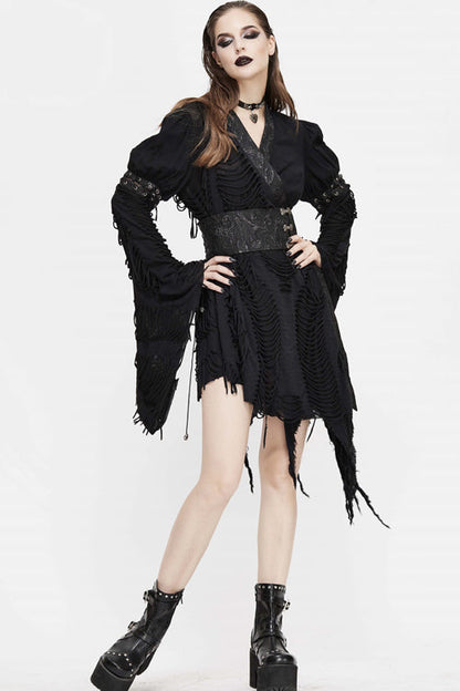 Black Punk Asymmetric Mesh Unedged Womens Dress With Belt