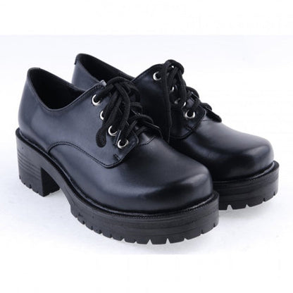 Black Synthetic Leather Round Toe Military Style Platform Lolita Shoes