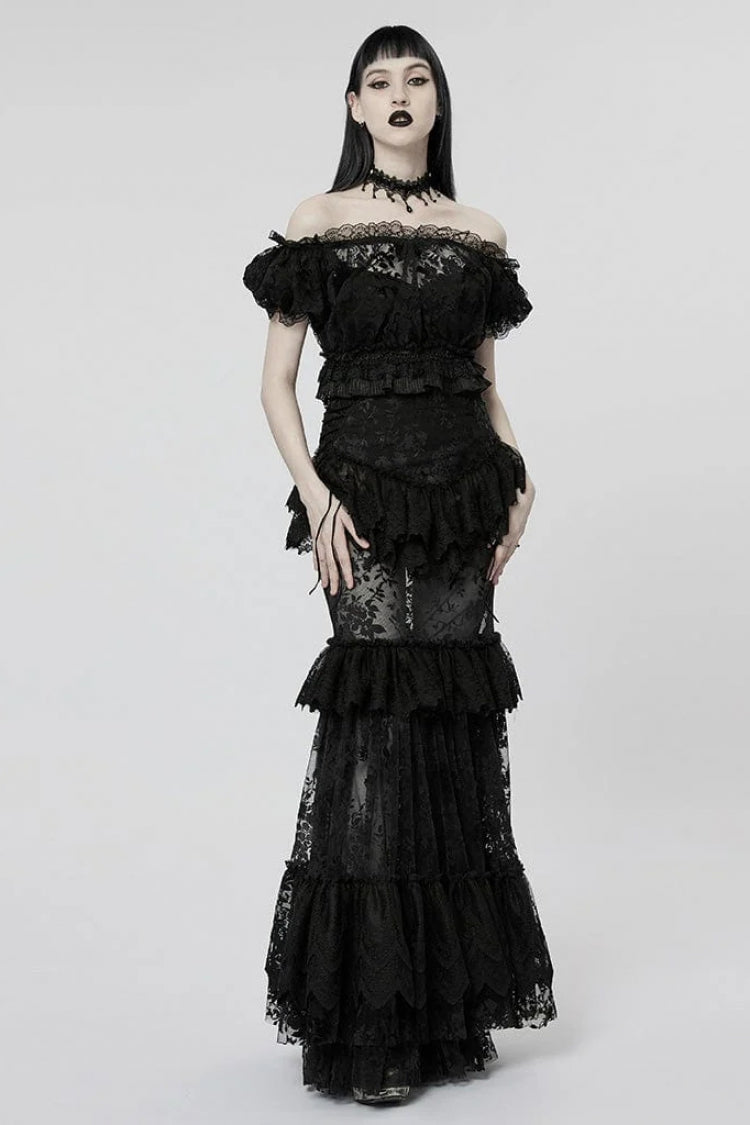 Off Shoulder Ruffle Stitching Lace Sheer Womens Gothic T-Shirt 2 Colors