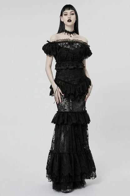 Off Shoulder Ruffle Stitching Lace Sheer Womens Gothic T-Shirt 2 Colors