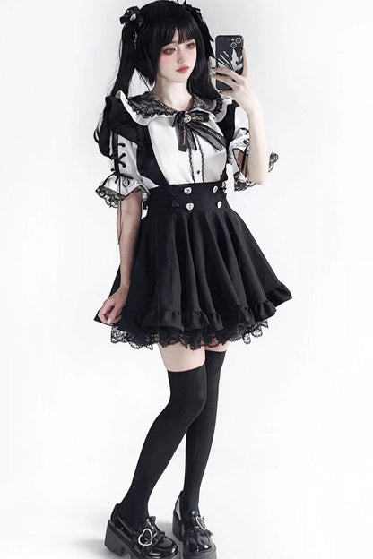 Black Solid Color Ruffle Lace Jirai Kei Japanese Strap Dress