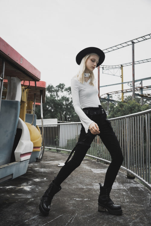 Black Punk Diablo War Hee Female Detachable Loop Denim Skinny Jeans Womens Pants
