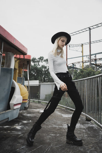 Black Punk Diablo War Hee Female Detachable Loop Denim Skinny Jeans Womens Pants