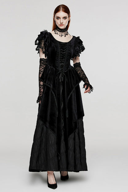Black V Collar Ruffle Lace Women's Gothic Dress with Oversleeves