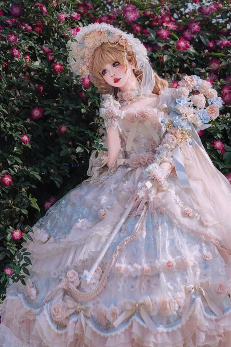 Blue/Pink [Rose Blossom Banquet] Multi-Layered Printed Ruffled Hanayome Bow Lace Sweet Plus Size Princess Gorgeous Lolita Dress