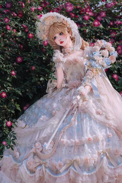 Blue/Pink [Rose Blossom Banquet] Multi-Layered Printed Ruffled Hanayome Bow Lace Sweet Plus Size Princess Gorgeous Lolita Dress