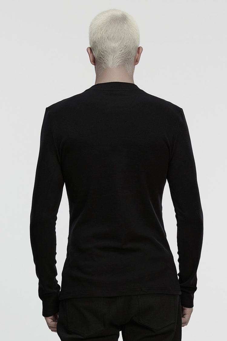 Black Round Collar Long Sleeves Buckled Strappy Pleated Eyelet Men's Punk Top