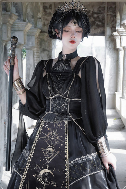 Black [Nightmare of Horus] Print Ruffle Hot Stamping Gothic Gorgeous Lolita Jsk Short Dress