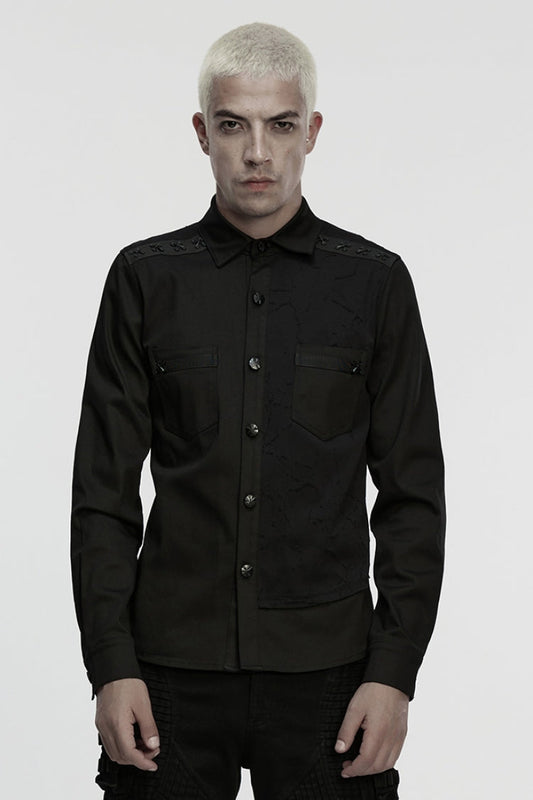 Black Lapel Collar Long Sleeves Ripped Men's Punk Blouse