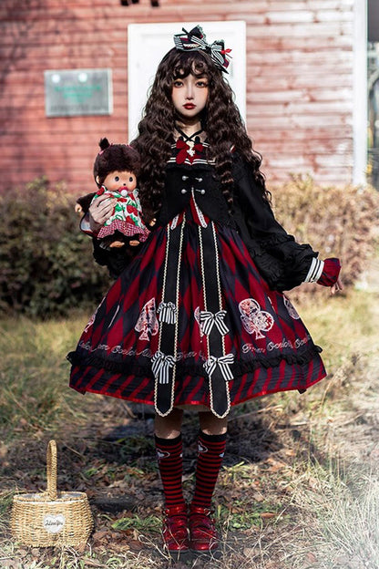 Black/Red Heart Print Bowknot Sweet Princess Alice Lolita Jsk Dress