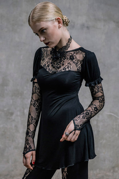 Black Sexy Mid-Length Patterned Lace Modal Women Gothic T-Shirt With Necklace