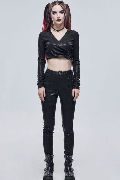 Black Punk Knitted Over Glue Metal Buckle Decoration Elasticity Leather Women's Leggings