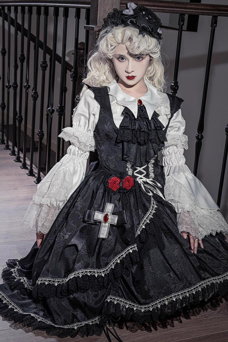 Black [Night Rose] Ruffle Bowknot Lace-Up Short Front and Long Back Gothic Gorgeous Lolita Jsk Dress