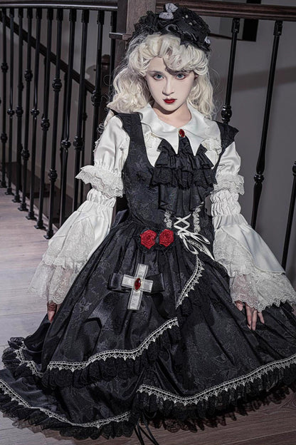 Black [Night Rose] Ruffle Bowknot Lace-Up Short Front and Long Back Gothic Gorgeous Lolita Jsk Dress