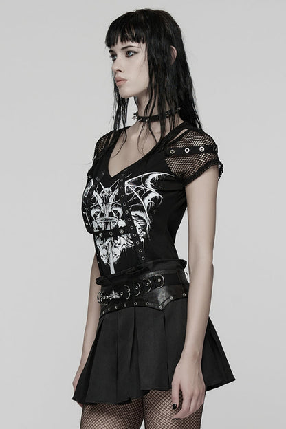 Black Short Sleeves Printed Spliced Mesh Strappy Eyelet Women's Punk T-Shirt