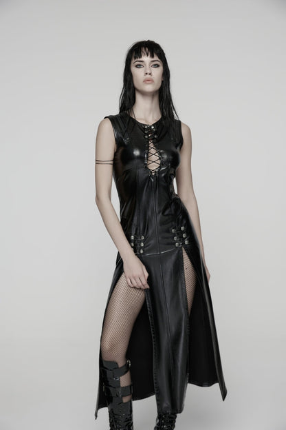 Black Sleeveless Split Lace-Up Slim Women's Punk Dress