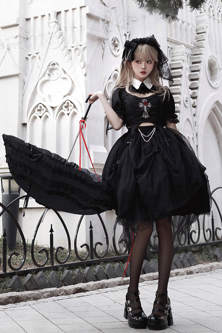 Black Rose Embroidered Cutout Top Irregular Short Sleeves Gothic Lolita Dress Set